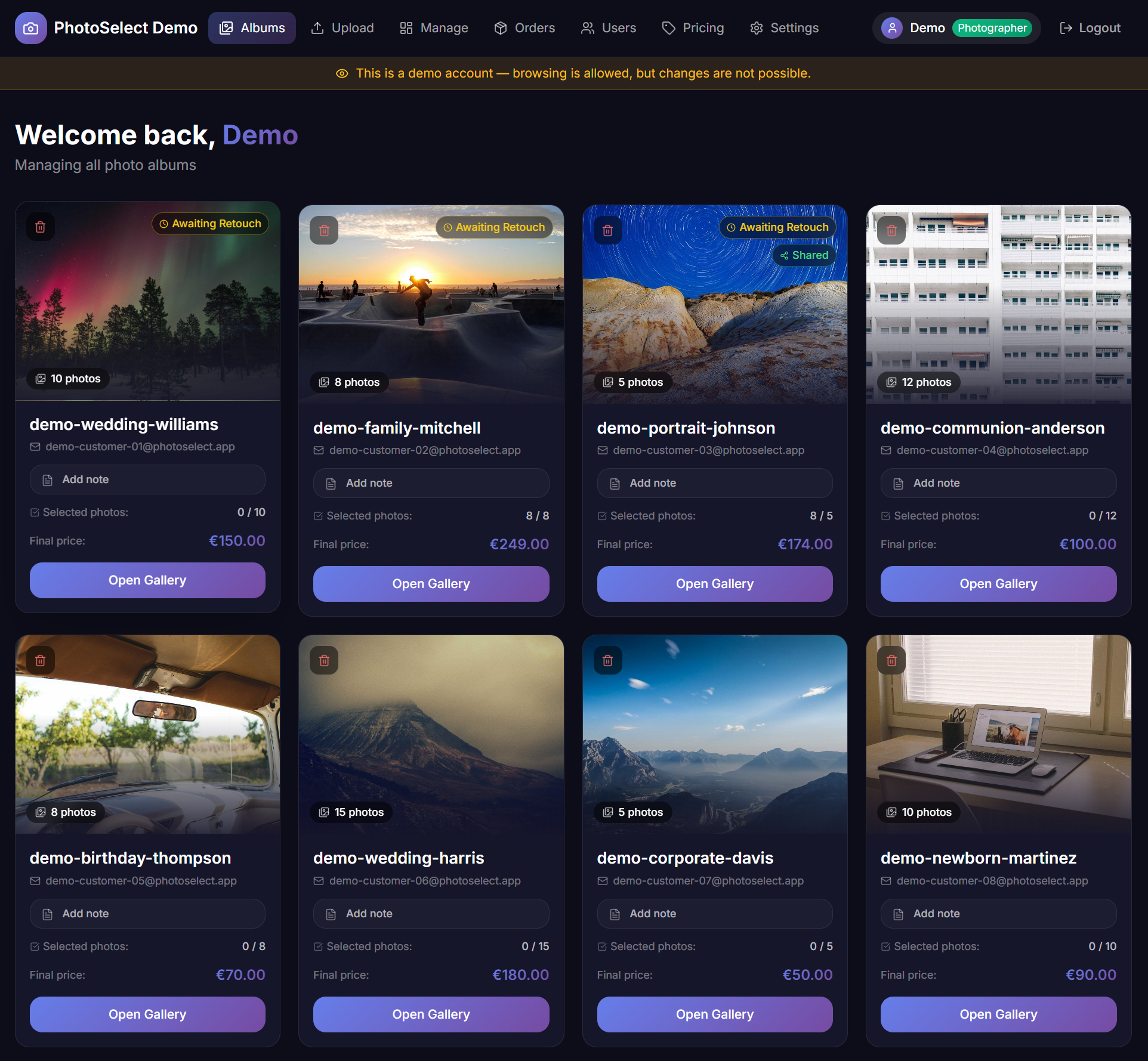 Photographer dashboard